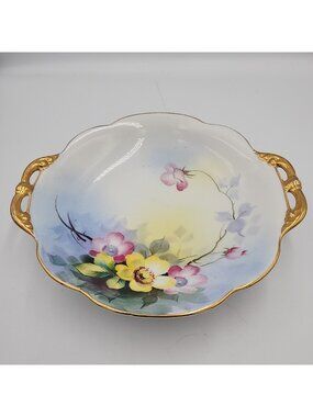 VINTAGE NIPPON SERVING BOWL WITH RETICULATED HANDLES HAND PAINTED FLORAL DESIGN